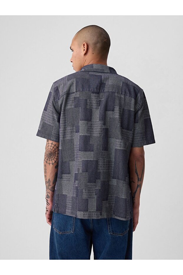 Erkek Koyu Mavi Patchwork Resort Gömlek - 4