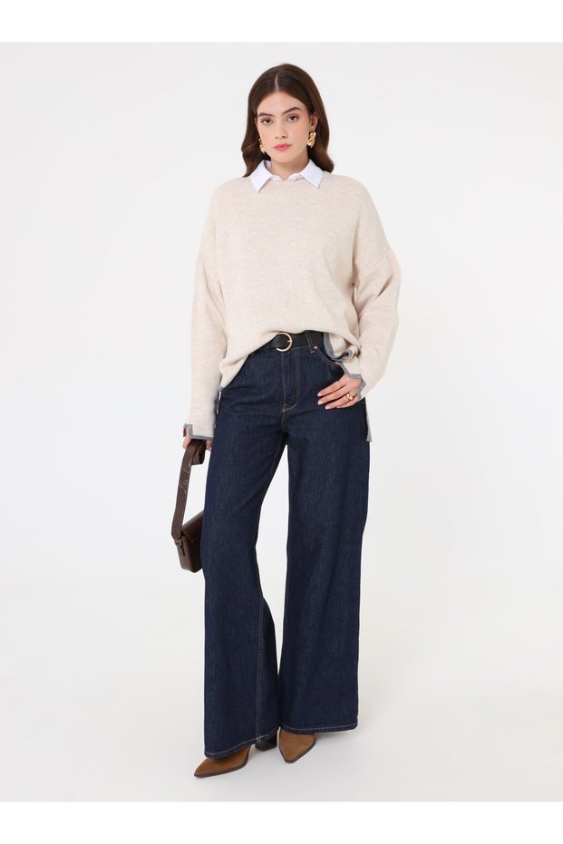 Contrast Skirt Detail Crew Neck Knitwear Sweater - Stone Color -