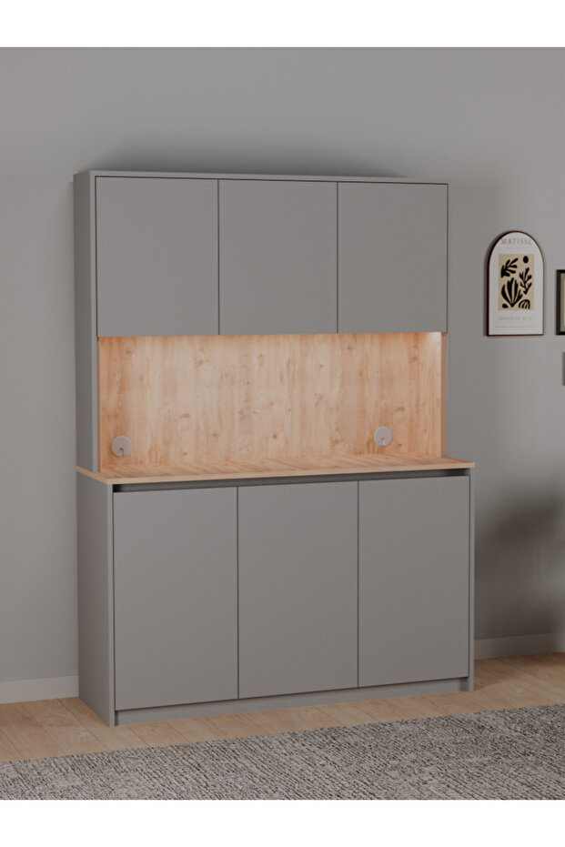 Modern Kahve Köşesi – 135 cm Çok Amaçlı dolap, Gömme LED Aydınlatmalı – MDF – İskandinav Gri – Çam - 3