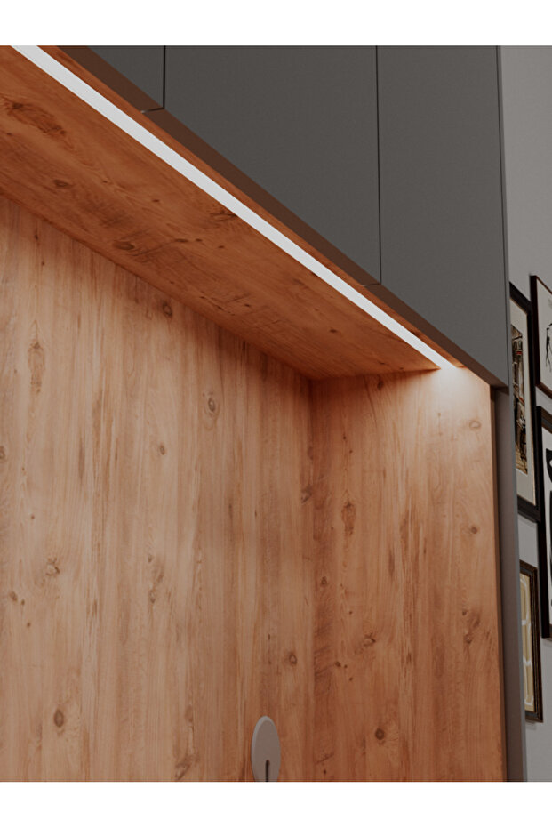 Modern Kahve Köşesi – 135 cm Çok Amaçlı dolap, Gömme LED Aydınlatmalı – MDF – İskandinav Gri – Çam - 4