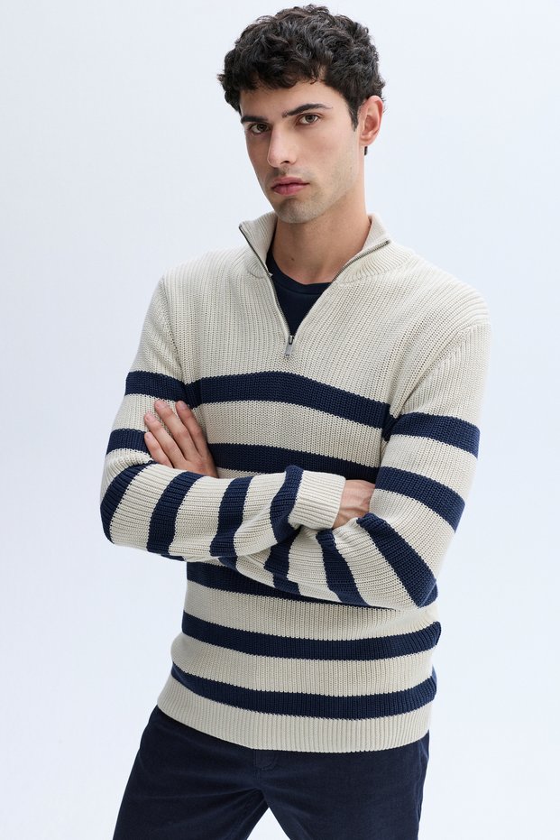 Men's Stone Color Striped Zippered High Collar Knit Sweater