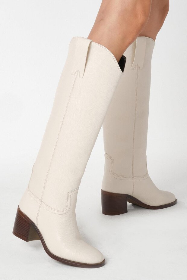 Skin Color Genuine Leather Look Block Heeled Women's Long Zipperless Boots