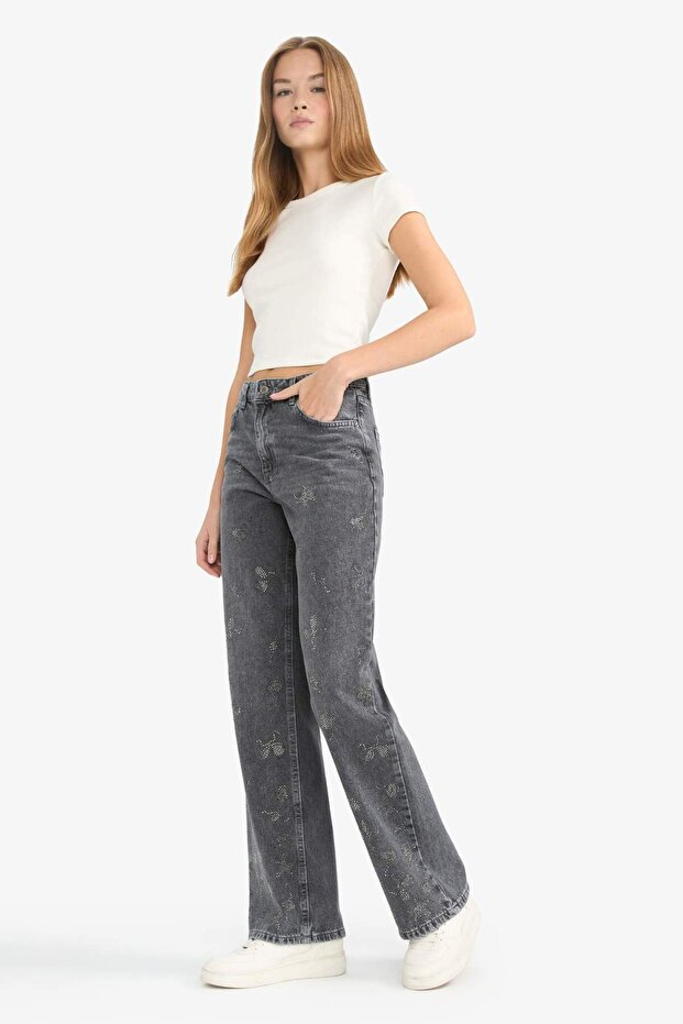 Straight Wide Yüksek Bel Uzun Jean Yıkamalı Pantolon G0925AX25WN - 3