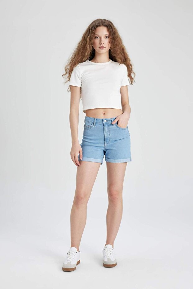 Normal Bel Katlamalı Paça Basic Düz Jean Şort A1959AX23SM - 1