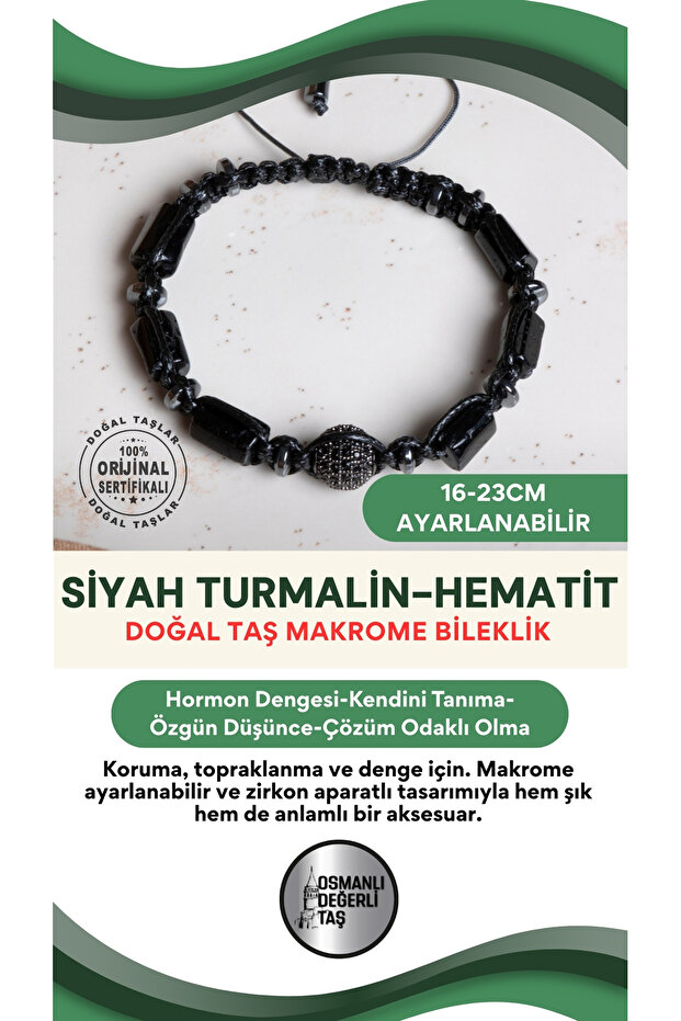 Certified Tourmaline-Hematite Natural Stone Macrame Adjustable Bracelet with Zircon Apparatus
