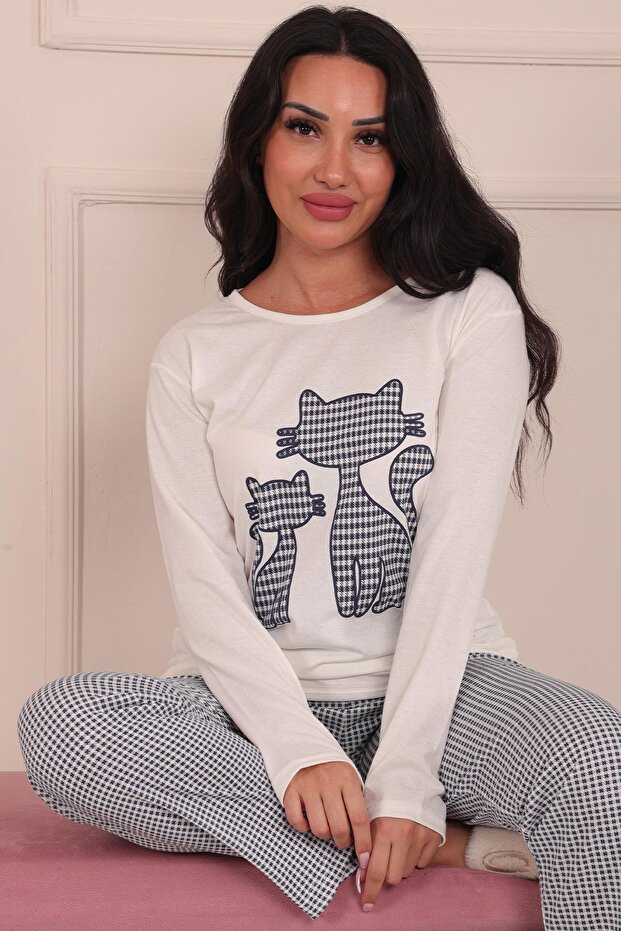 Cat Patterned Pajama Set White - 1