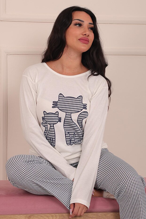 Cat Patterned Pajama Set White - 4