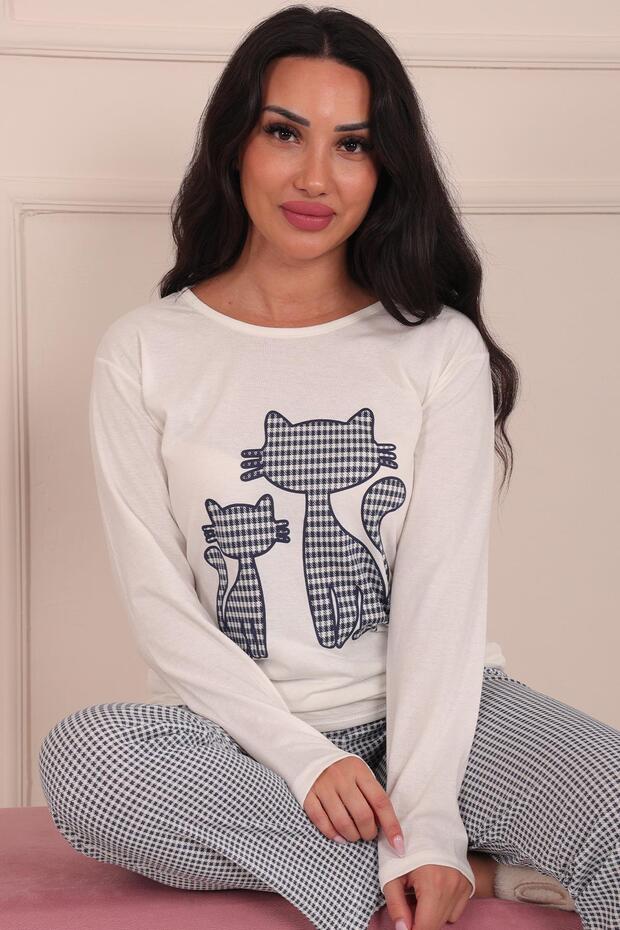 Cat Patterned Pajama Set White - 3