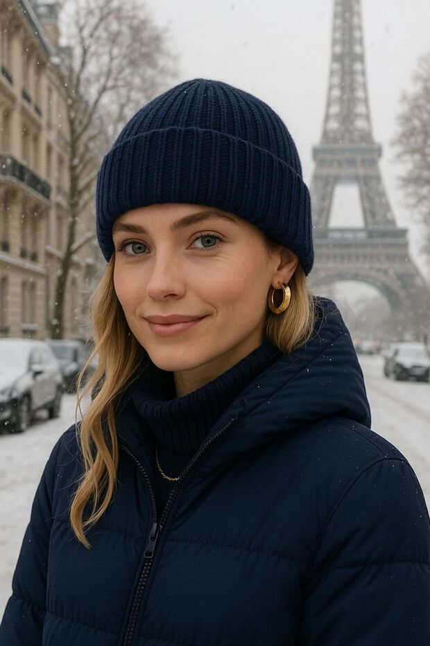 Navy Blue Wool Corded Unisex Beret