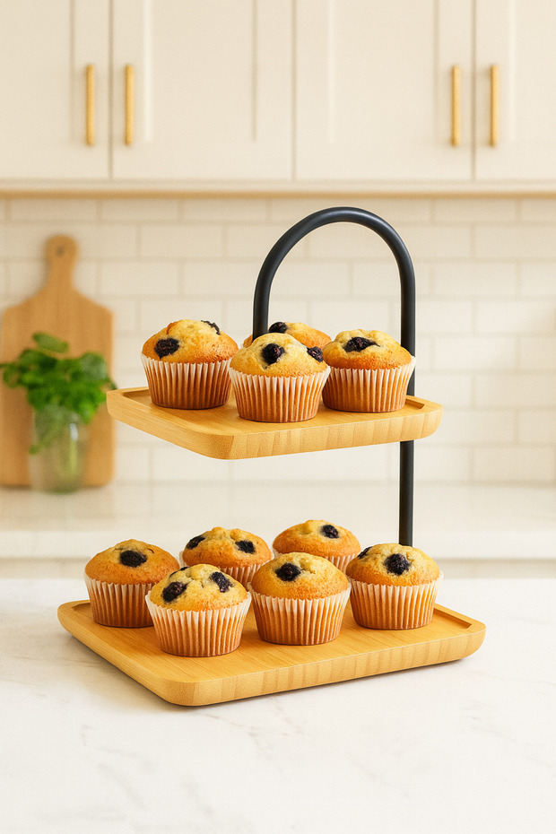 Bamboo 2-Tier Stand, Presentation Stand, Double-Tier Presentation Rack, Decorative Stand, Presentation Set Square Black - 2