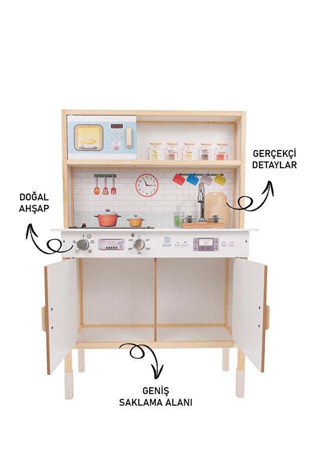 Ledli Ahşap Oyuncak Mutfak, Montessori Mutfak, Çocuk Mutfağı, Hediye Halı DBG102 - 5