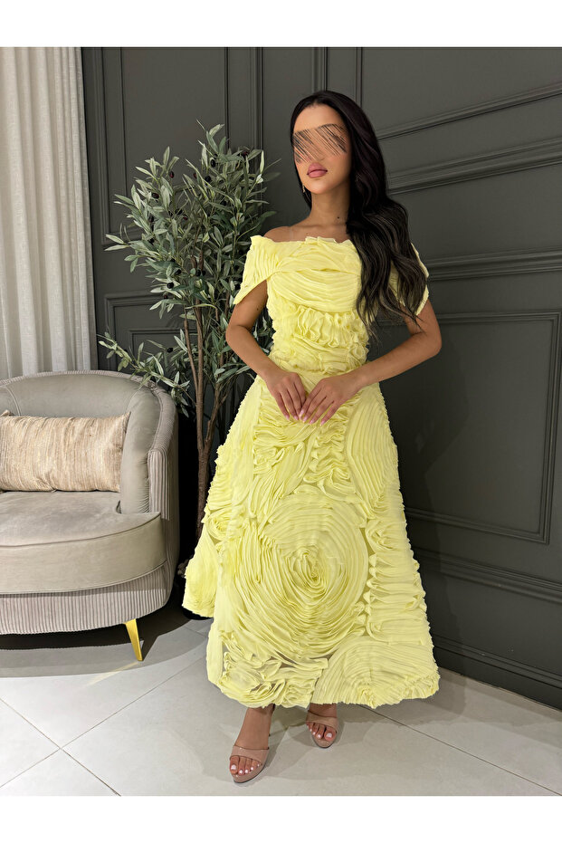 Yellow off-shoulder evening dress