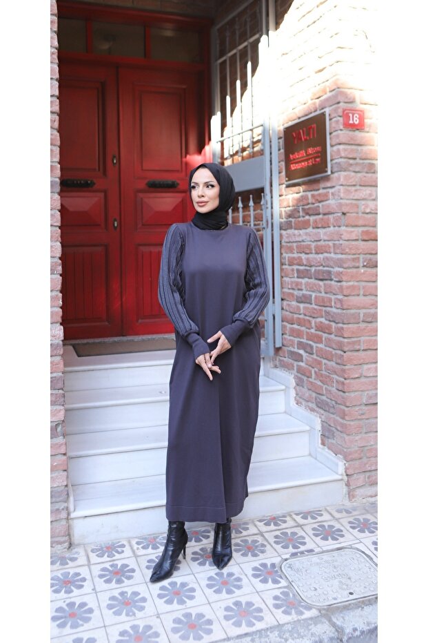 Simli Balon Kol Merserize Elbise - 1