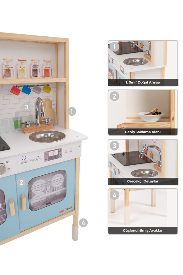 Ledli Ahşap Oyuncak Mutfak, Montessori Mutfak, Çocuk Mutfağı, Hediye Halı DBG102 - 6