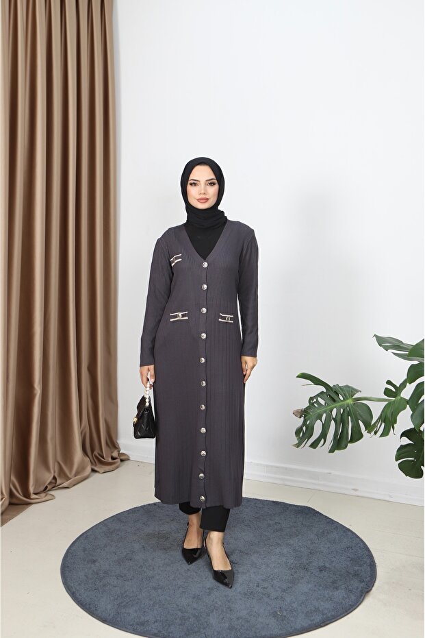 Mercerized Long Cardigan with Pocket Detail