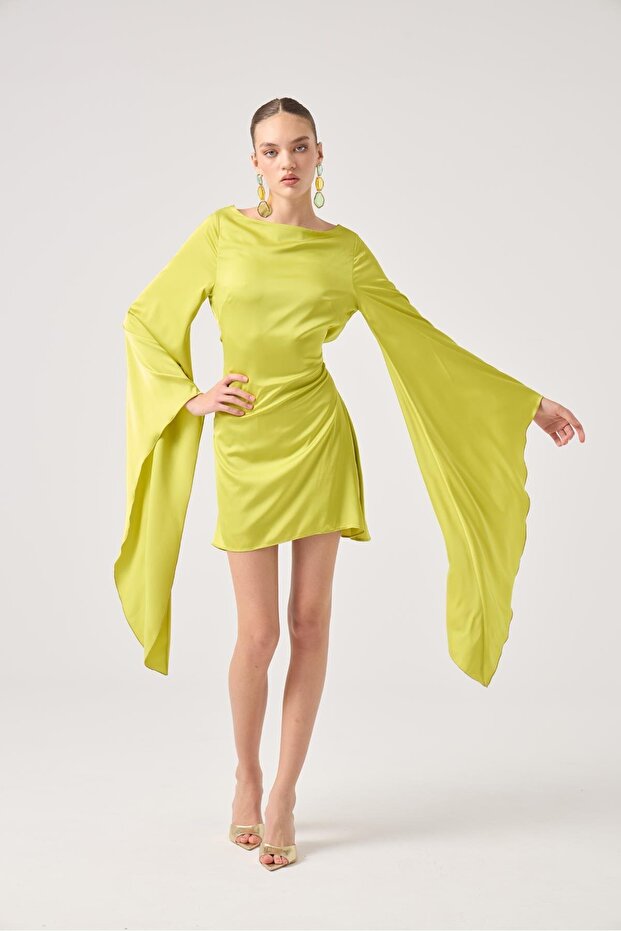 Backless Spanish Sleeve Satin Halle Dress Green