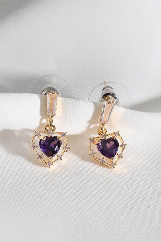 Purple Heart Jewelled Gold Earrings