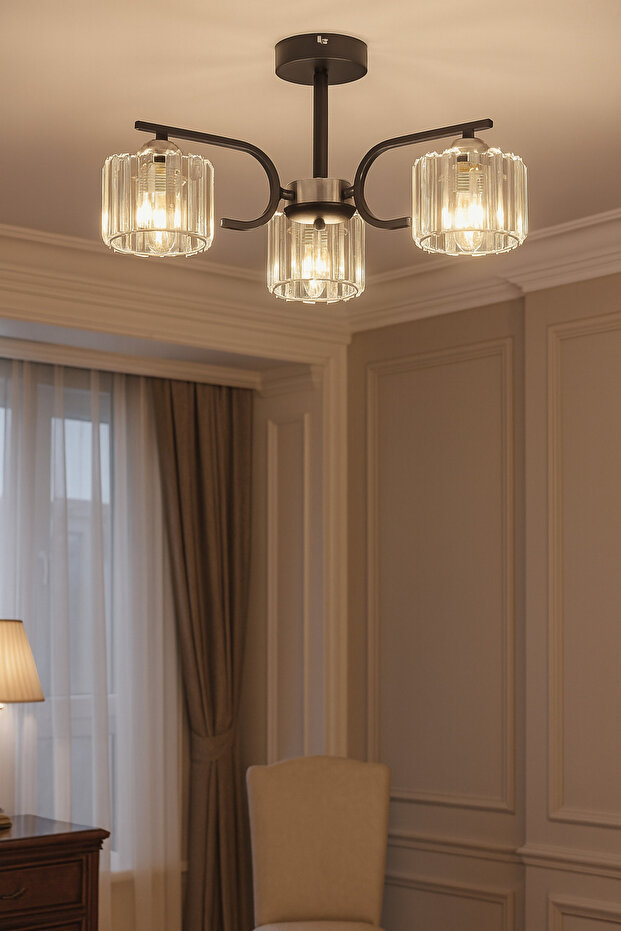 Nehir 3 Lü Plafonyer Avize Kristal Taşlı Modern Dekoratif Aydınlatma - 1