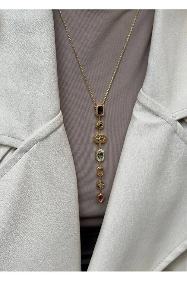 Gold Color 7 Elements Multi-Color Stone 316L Steel Y Model Necklace