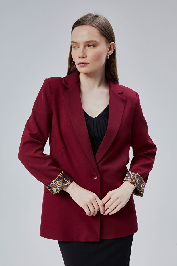 Burgundy Double-Breasted Collar with Sleeve Fold Detail Regular Padded Blazer Jacket