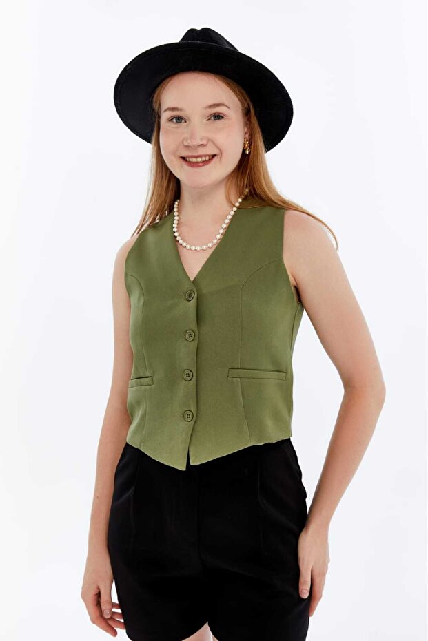 Women's Lined Bodycon Buttoned Stylish V-Neck Vest
