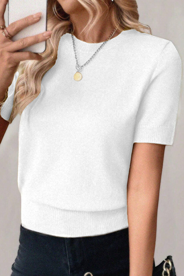 Crew Neck Lycra Short Sleeve White Blouse