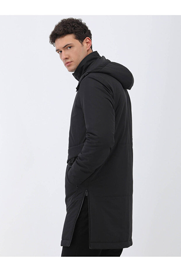 Siyah Regular Fit Kapüşonlu Casual Dokuma Kaban - 5