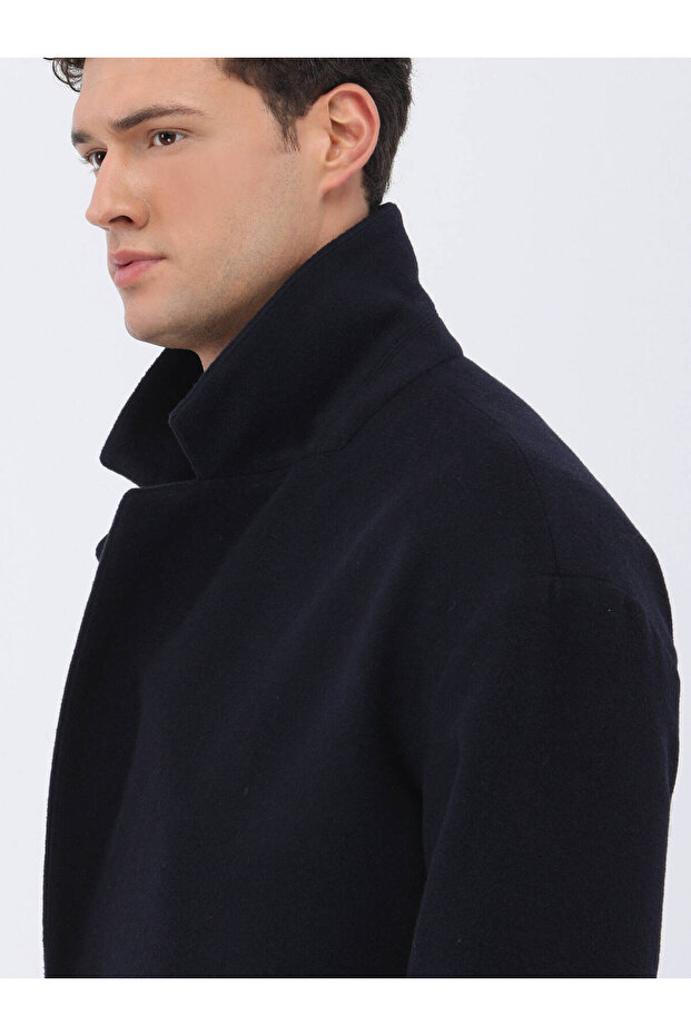 Lacivert Regular Fit Kruvaze Yaka Casual Örme Palto - 4