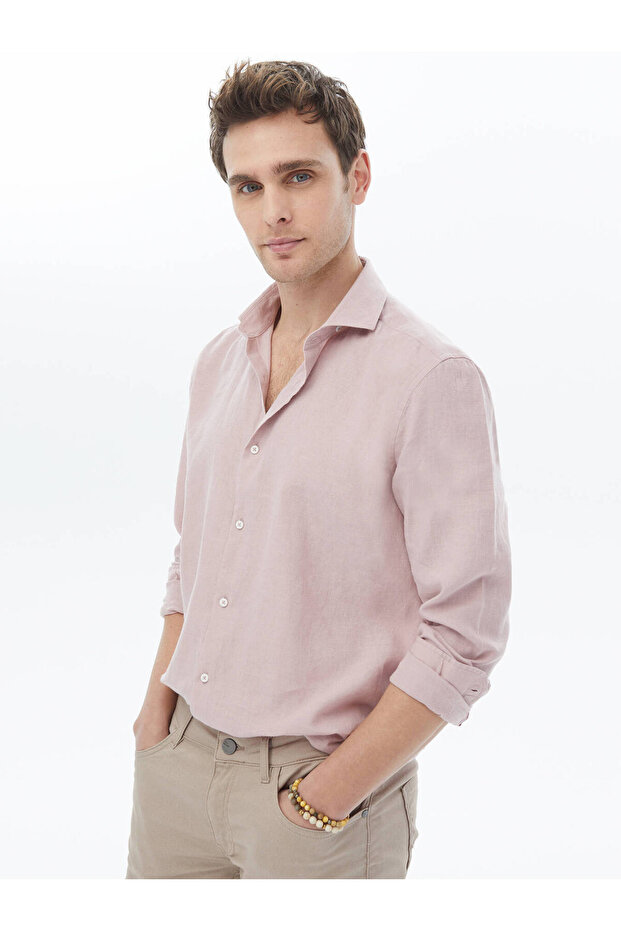 Pembe Düz Regular Fit Dokuma Casual Pamuk Karışımlı Gömlek - 1