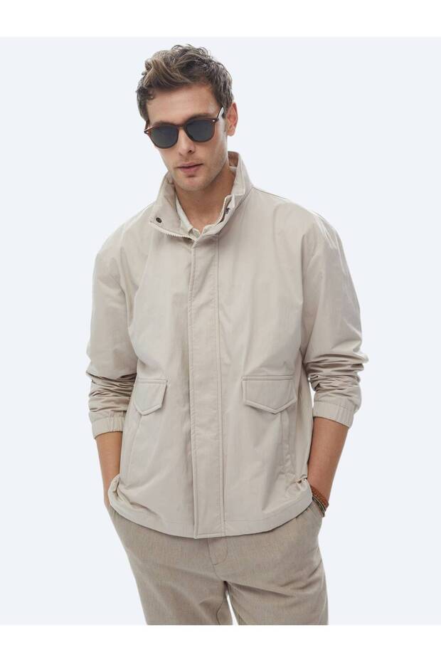 Bej Oversize Fit Dik Yaka Casual Dokuma Mont - 1