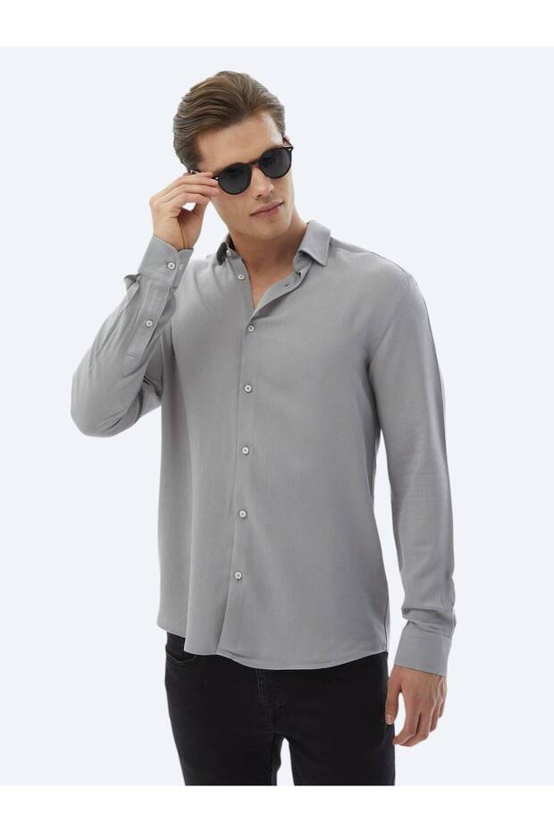 Gri Düz Regular Fit Dokuma Casual Gömlek - 4