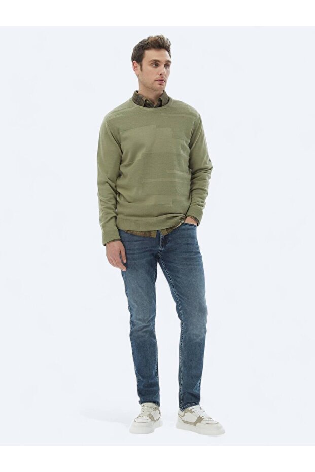 Açık Yeşil Bisiklet Yaka Jakarlı Yün Karışımlı Triko Kazak - 3