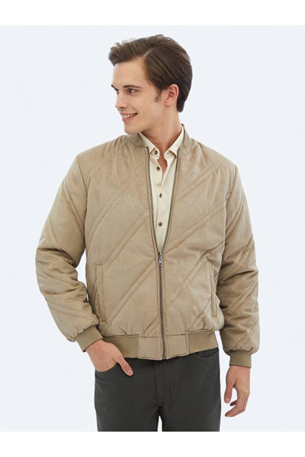 Bej Regular Fit Dik Yaka Casual Dokuma Mont - 1