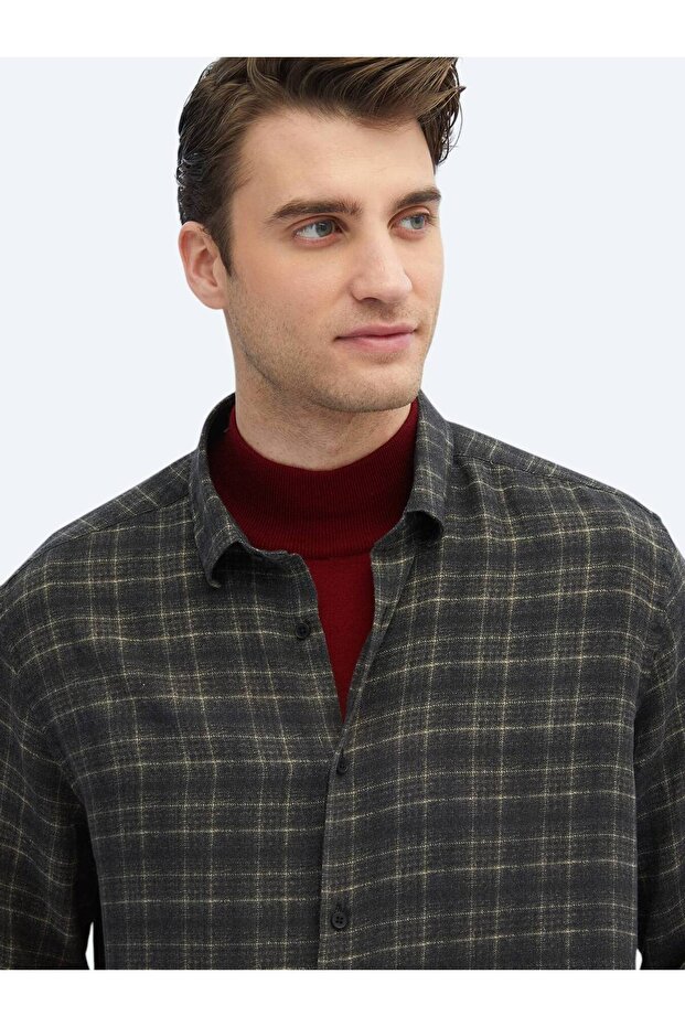 Antrasit Kareli Regular Fit Dokuma Casual Gömlek - 4