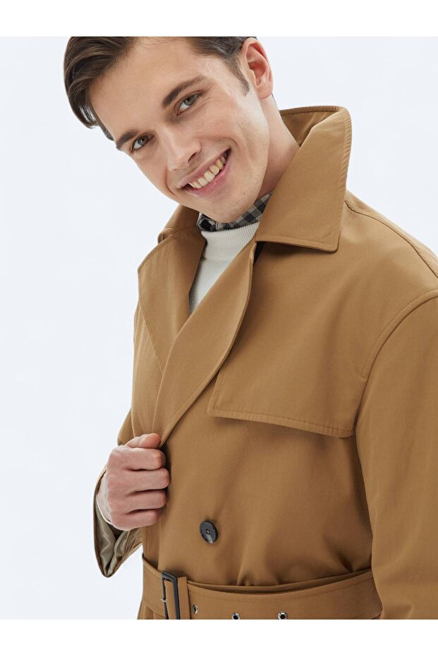 Deve Tüyü Oversize Fit Kruvaze Yaka Casual Dokuma Pardesü - 4