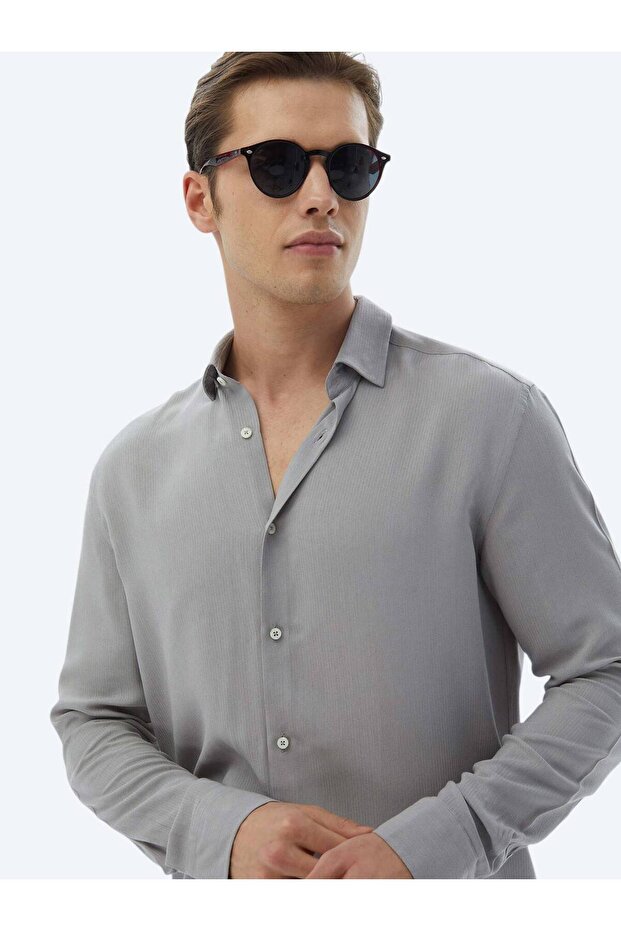 Gri Düz Regular Fit Dokuma Casual Gömlek - 3