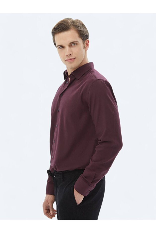 Mürdüm Düz Regular Fit Dokuma Casual Pamuk Karışımlı Gömlek - 4