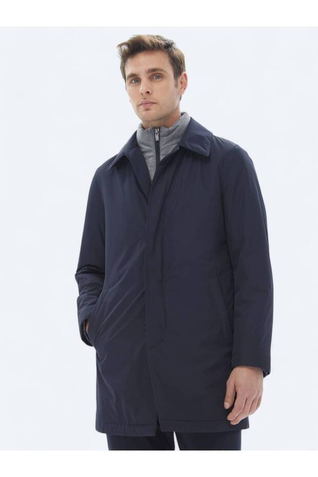 Lacivert Regular Fit Bebe Yaka Casual Dokuma Pardesü - 2