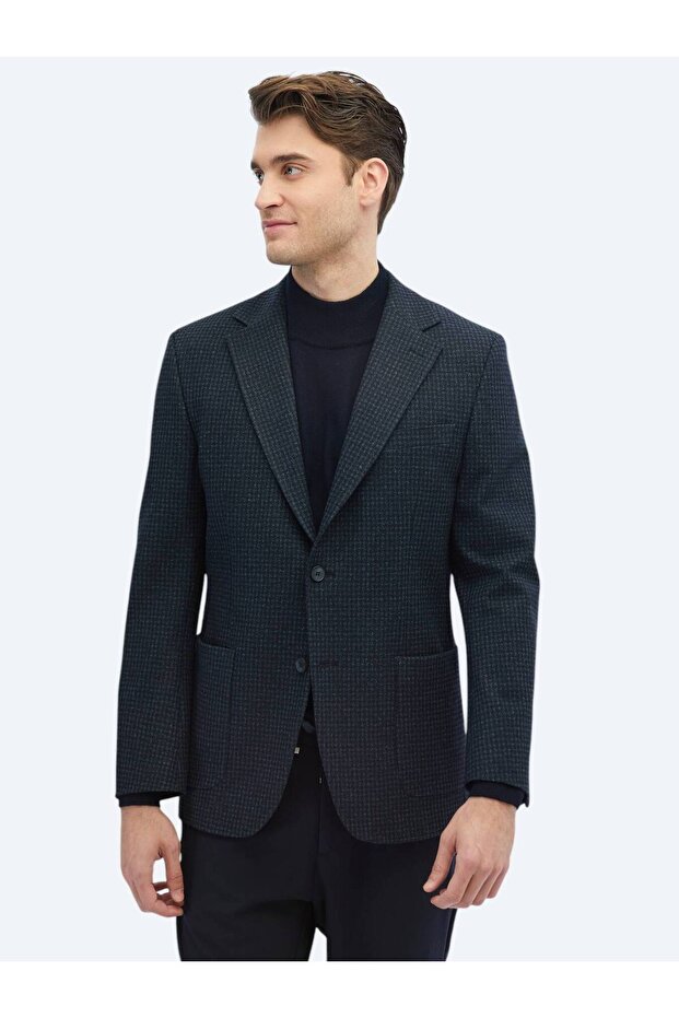 Lacivert Desenli Modern Fit Örme Ceket - 1
