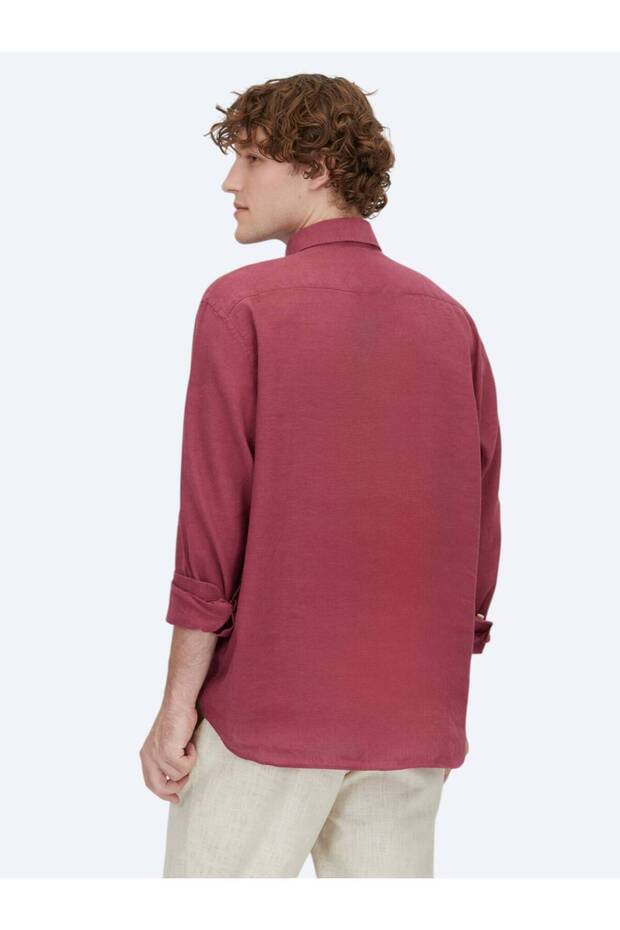 Mürdüm Düz Regular Fit Dokuma Casual Pamuk Karışımlı Gömlek - 5