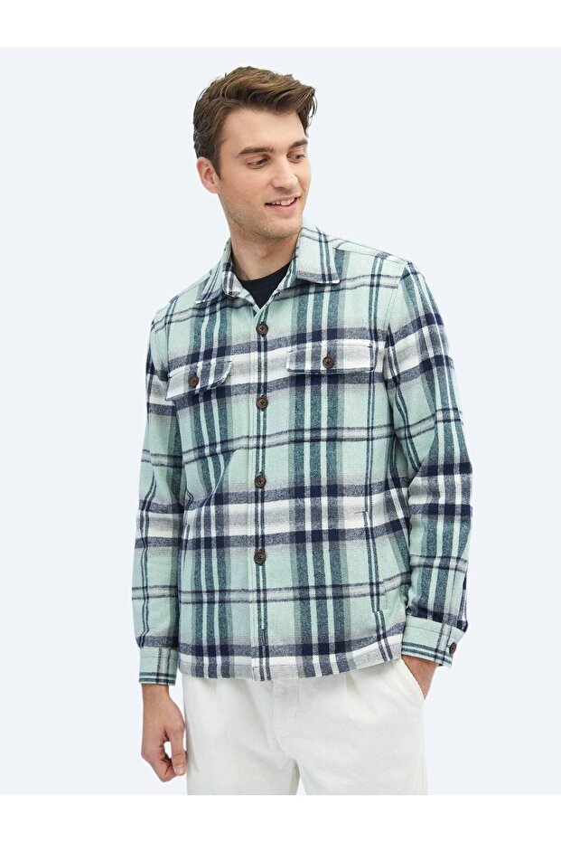 Mint Kareli Regular Fit Dokuma Yün Karışımlı Overshırt - 3
