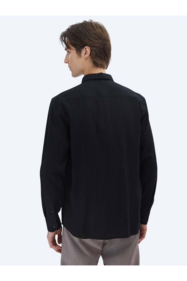 Siyah Regular Fit Dokuma Klasik Gömlek - 6