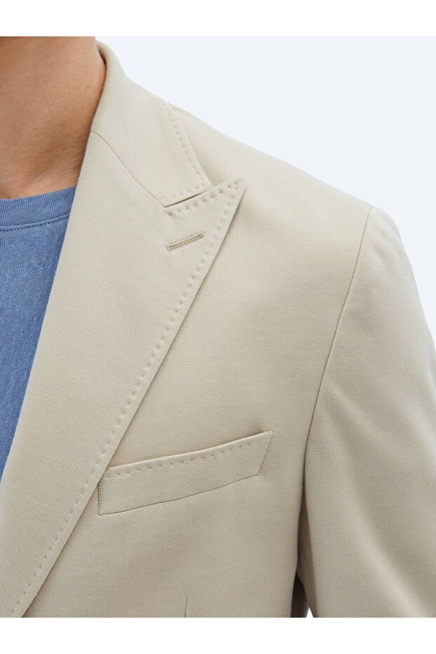 Bej Düz Modern Fit %100 Pamuk Örme Takım Elbise - 7