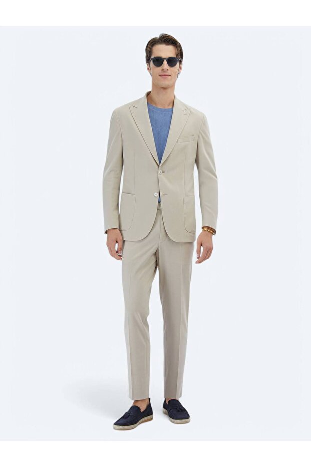 Bej Düz Modern Fit %100 Pamuk Örme Takım Elbise - 2