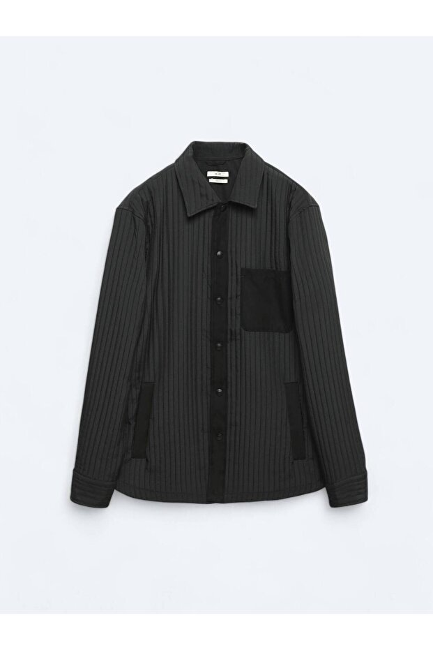 Siyah Düz Regular Fit Dokuma Overshırt - 8
