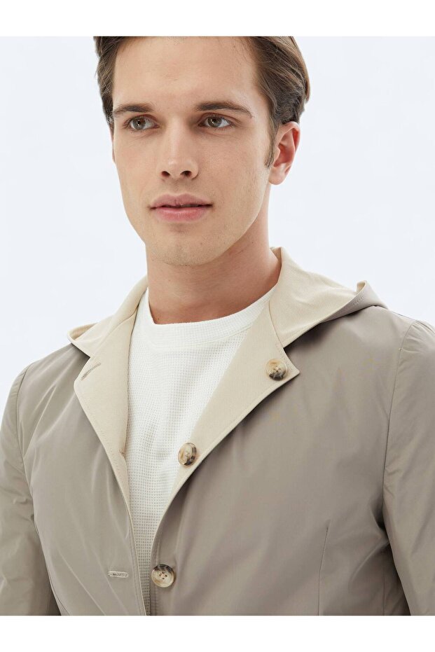 Bej Regular Fit Kapüşonlu Casual Örme Mont - 7