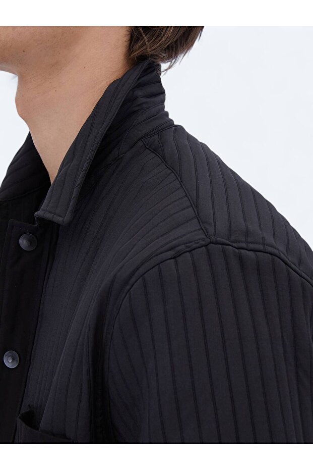 Siyah Düz Regular Fit Dokuma Overshırt - 5