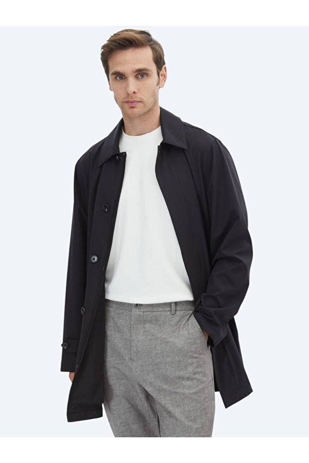 Siyah Regular Fit Bebe Yaka Casual Dokuma Pardesü - 3