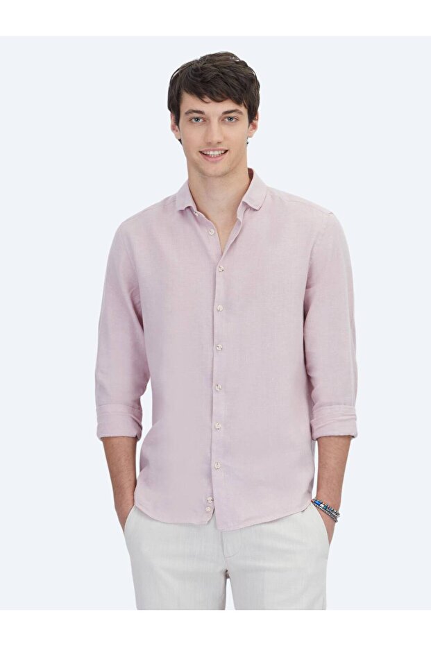 Pembe Düz Regular Fit Dokuma Casual Pamuk Karışımlı Gömlek - 1
