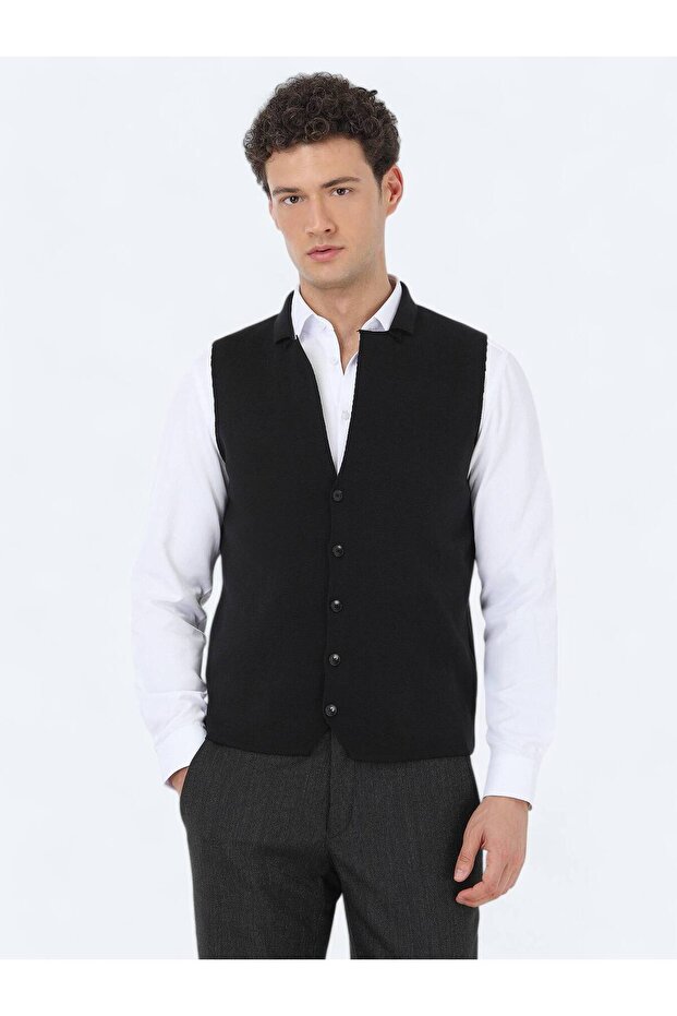 Siyah Regular Fit Casual Örme Triko Yelek - 1